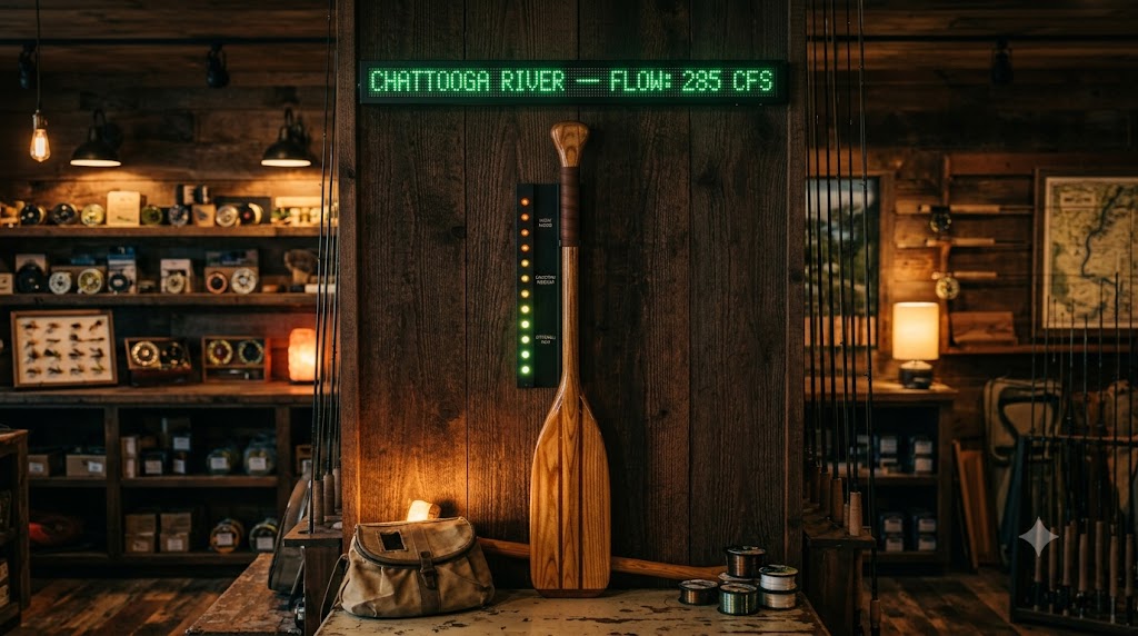 FlowTracker Pro Guide Station — LED status column mounted alongside a varnished display oar, with dot matrix river ticker above